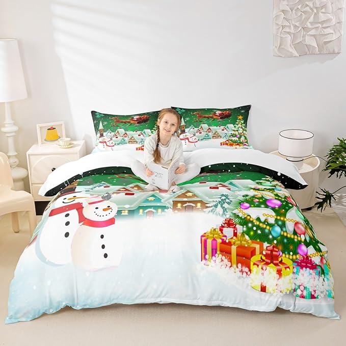 Manfei Christmas Duvet Cover Set Twin Size, Snowman Xmas Tree Comforter Cover with 1 Pillowcase, Santa Claus with Deer Bedding Set for Kids Boys Girls New Year Theme Bedspread Cover, No Comforter
