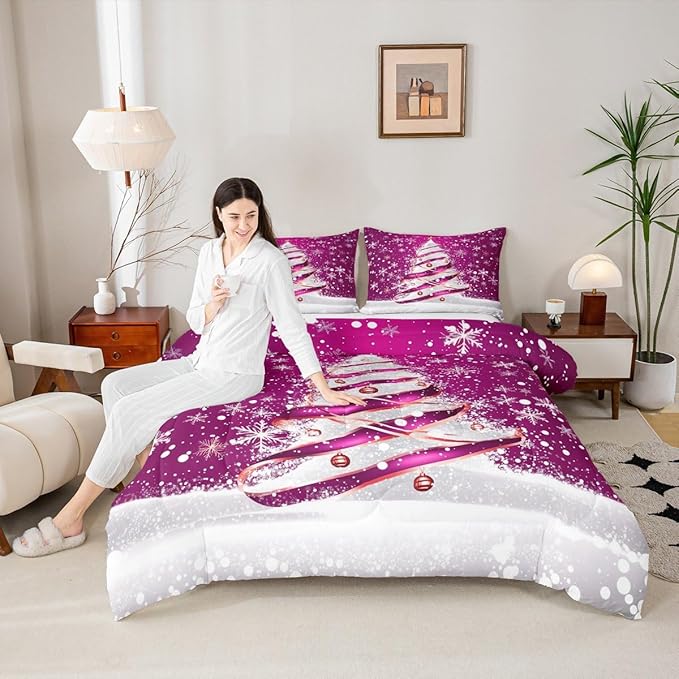 Feelyou Merry Christmas Bedding Set Soft for Boys Girls, Christmas Tree Comforter Set Full Size Snowflake Duvet Quilt Microfiber Winter Bedroom Decor 3 Pcs with 2 Pillow Cases