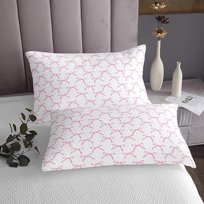 Cartoon Bowknot Kids Bedspread Twin Size,Pink Bow Tie Butterfly Knot Princess Coverlet Set,Girls Women Room Decor,Watercolor Bow Patchwork Quilted Coverlet,Pink White Bedding Quilt,1 Pillowcase