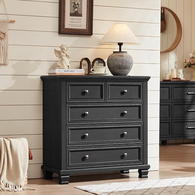 Farmhouse Bedroom Dresser and Nightstand Set of 4, 6 Drawer Low & 5 Drawers Dresser & 2 Drawer Nightstand Set, Rustic Wood Furniture Set for Bedroom, Hallway, Black