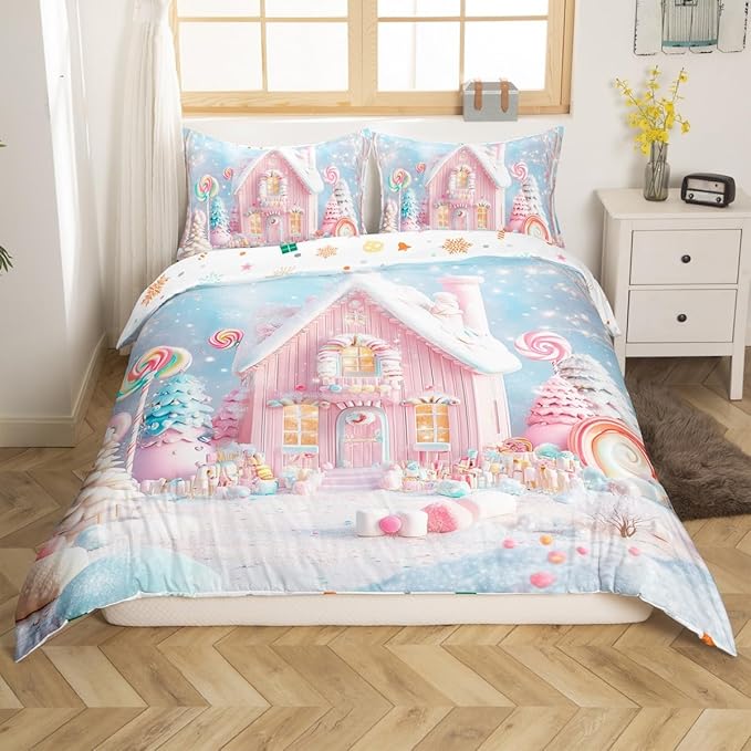 Manfei Christmas Kids Duvet Cover Set Twin Size, Cute Xmas Cabin Trees Bedding Set for Boys Girls Room Decor, New Year Theme Comforter Cover, Lightweight Bedspread Cover, 1 Pillowcase, No Comforter