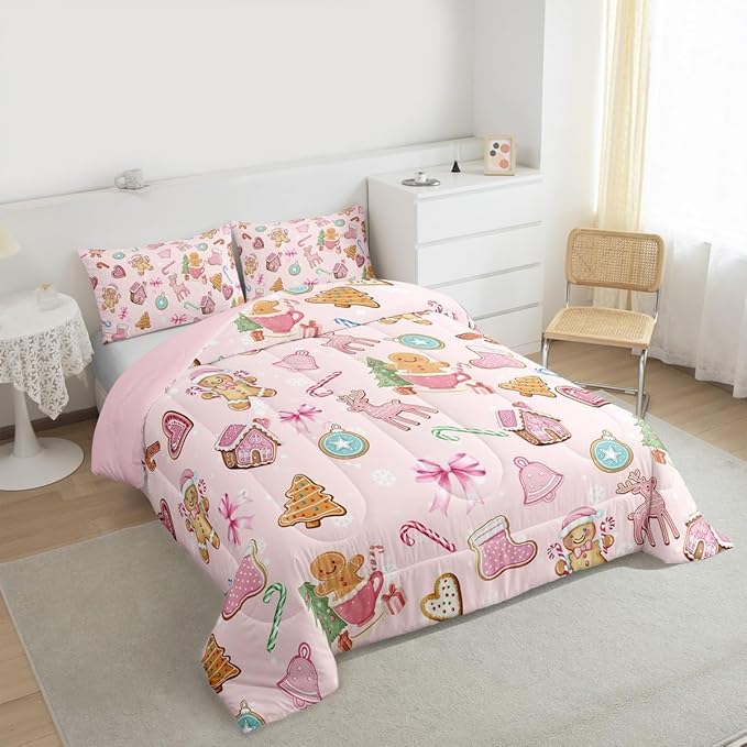 Merry Christmas Comforter Set King Size,Gingerbread Man Elk Deer Bowknot Kids Bedding Set,Cute Girly Bow Tie Xmas Tree Quilt Comforter,Pink Colorful Duvet Insert,2 Pillowcases