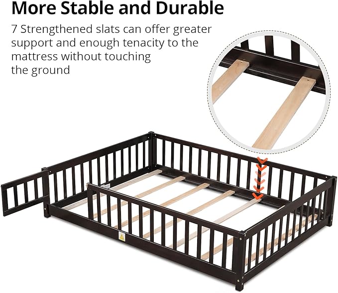 i-POOK Full Floor Bed for Children, Sturdy Wood Montessori Bed Frame with Wood Slats, Fence & Door for Girls and Boys, Espresso (with Bed Slats)