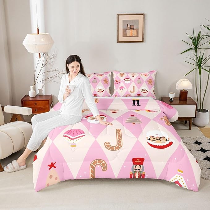 Feelyou Pink Christmas Kids Comforter Set Toddler Size Santa Claus Bedding Set Xmas Tree Nutcracker Soldier Duvet Quilt for Kids Boys Girls Bedroom Gingerbread Man Decor Microfiber Ultra Soft