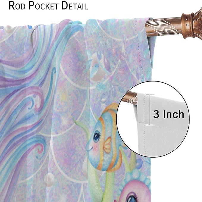 Mermaid Curtains for Girls Children Pink Sea Animal Mermaid Coral Bedroom Curtains for Living Room Room 42x44 Inch
