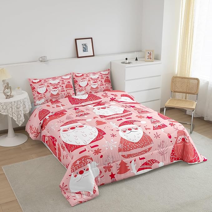 Feelyou Cute Santa Claus Bedding Set for Kids Boys Girls Toddler Size Christmas Comforter Set Ultra Soft Winter Comforter Xmas Tree Duvet Quilt Bedroom Decor Christmas Decorations Quilt