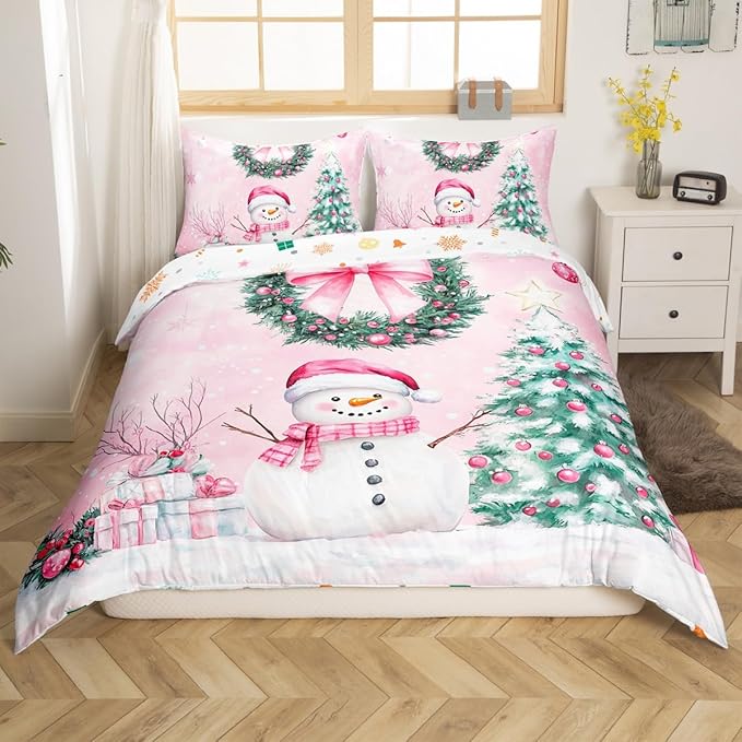 Manfei Christmas Kids Duvet Cover Set King Size, Cute Snowman Xmas Tree Bedding Set for Boys Girls Adults, Pink Bowknot Xmas Comforter Cover, Soft Polyester Quilt Cover, 2 Pillowcases, No Comforter