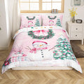 Manfei Christmas Kids Duvet Cover Set Twin Size, Cute Snowman Xmas Tree Bedding Set for Boys Girls Adults, Pink Bowknot Xmas Comforter Cover, Soft Polyester Quilt Cover, 1 Pillowcase, No Comforter
