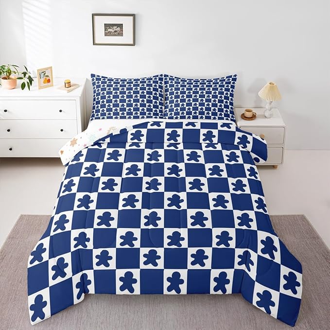 Feelyou Christmas Kids Comforter Set Full Size Checkered Bedding Set Gingerbread Man Duvet Quilt for Kids Boys Girls Bedroom Xmas Decorations Decor Blue Microfiber Ultra Soft Breathable