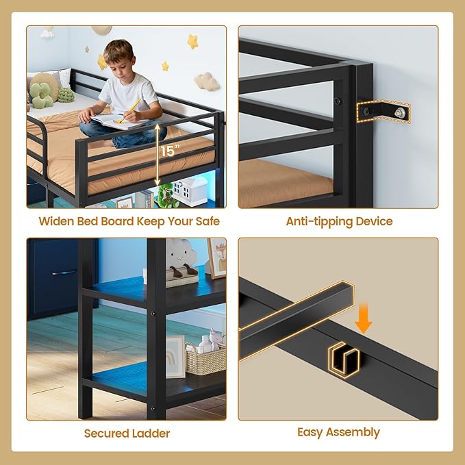 BTHFST Low Loft Bed Twin Size with 6 Storage Drawers, LED Lights, 2 Tier Storage Shelves, Kids Metal Loft Bed with 15" H Stairs & Safety Guardrail, Spave Saving, Black