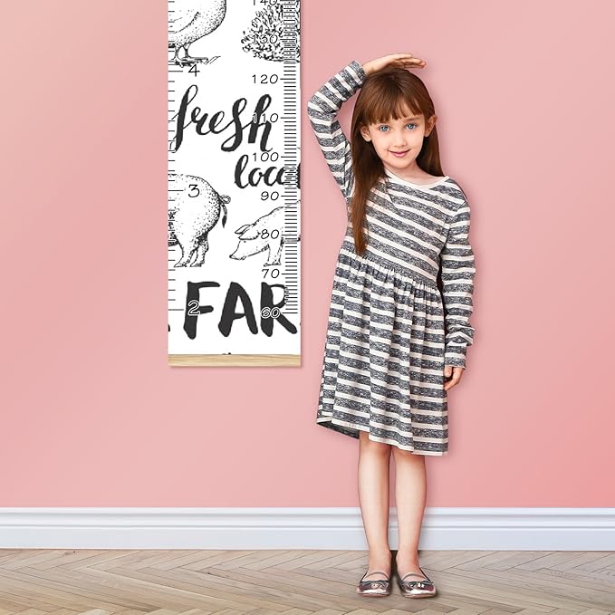 Personalized Kids Name Growth Chart Ruler for Wall Wood Frame Height Measure Chart 13.4x56 in Linen Hanging Height Growth Chart Farm Animal Cow Pig Rooster Kids Room Decor