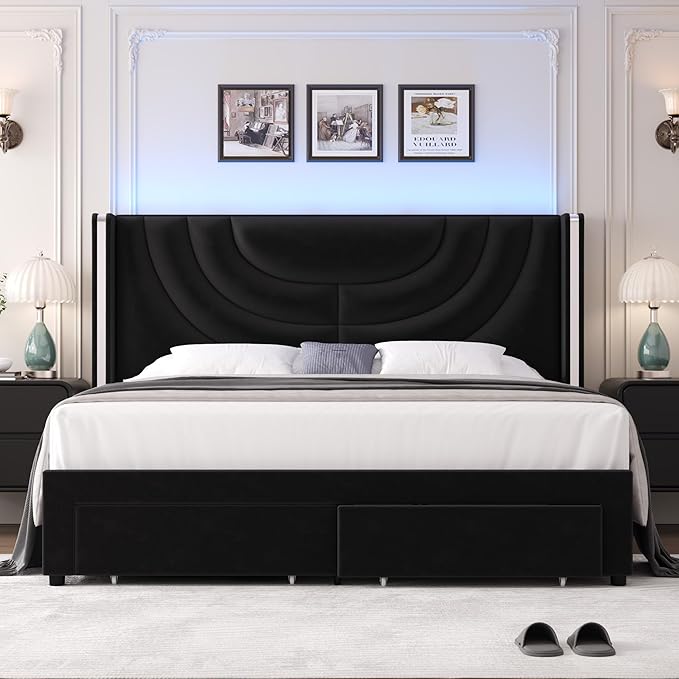 HITHOS King Upholstered LED Bed Frame with 2 Storage Drawers, Velvet Platform Bed with Wingback Headboard, Solid Wooden Slats Support, No Box Spring Needed, Headboard Splicing Design