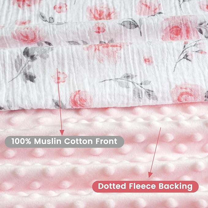 david's kids Muslin Minky Baby Blanket for Girls with Muslin Cotton Front and Dotted Fleece Backing, Breathable and Soft Lightweight Receiving Blanket for Newborns, 30x40 Inches, Floral