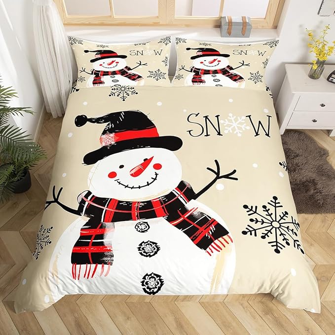 Manfei Kids Snowman Duvet Cover Set Full Size, Black Snowflake Xmas Comforter Cover with 2 Pillowcases, Christmas Theme Bedding Set 3pcs for Boys Girls Adults New Year Bedspread Cover,No Comforter