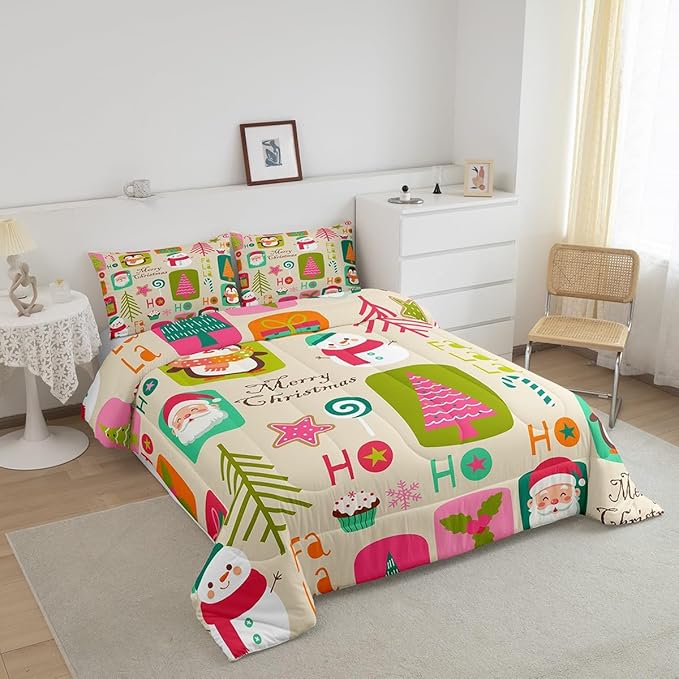 Erosebridal Xmas Decor Quilts Kids Santa Claus Christmas Tree Comforter Set Boys Girls Bedroom, Cartoon Snowflake Bedding Set Cute Snowman Down Comforter Full Size