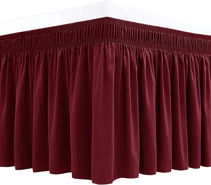 Biscaynebay Wrap Around Bed Skirts for Twin & Twin XL Beds 15" Drop, Burgundy Adjustable Elastic Dust Ruffles Easy Fit Wrinkle & Fade Resistant Silky Luxurious Fabric Machine Washable