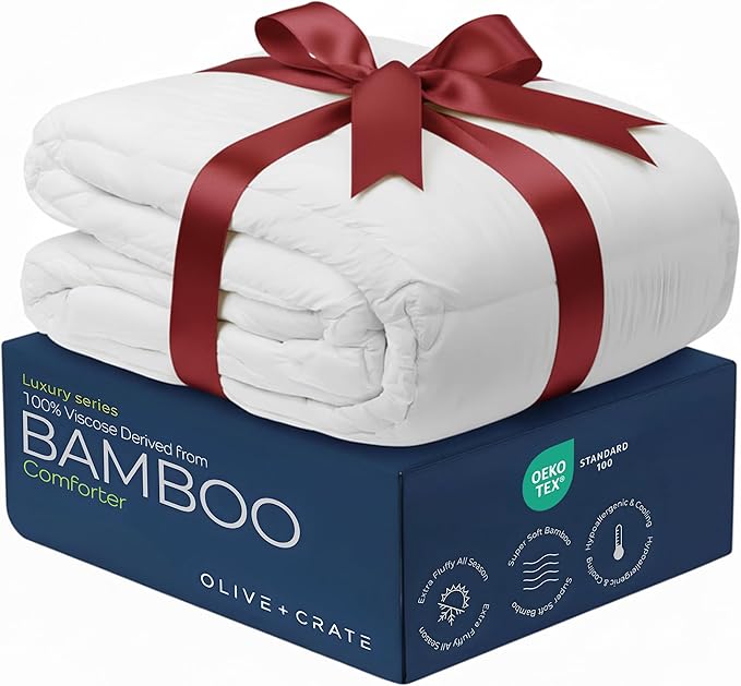 Olive + Crate 100% Viscose Derived from Bamboo Comforter - Queen Size - Hypoallergenic, Cooling & Moisture-Wicking Bedding - All Season Lightweight Plush Design - Organic Queen Comforter - 80"x 90"