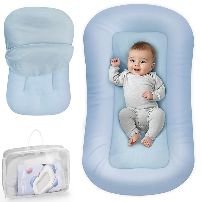 Baby Lounger - Baby Lounger for Newborn, 0-24 Months, Infant Lounger for Home and Travel, Soft Cotton, Baby Nest Lounger, Newborn Babies Essentials Gifts, ZumaBlue (Lounger Cover Included)