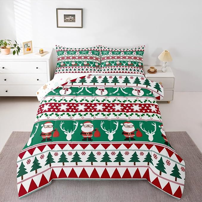 Feelyou Merry Christmas Tree Comforter Set King Size Cute Snowman Bedding Set for Kids Boys Girls Santa Claus Duvet Quilt Cartoon Bowknot Bedroom Decor Microfiber 3 Pcs with 2 Pillow Cases