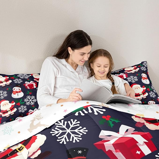 jejeloiu Merry Christmas Comforter Set Queen Size Xmas Santa Claus Bedding Set for Kids Boys Girls Cute Snowman Duvet Quilt Dark Blue Bedroom Decor