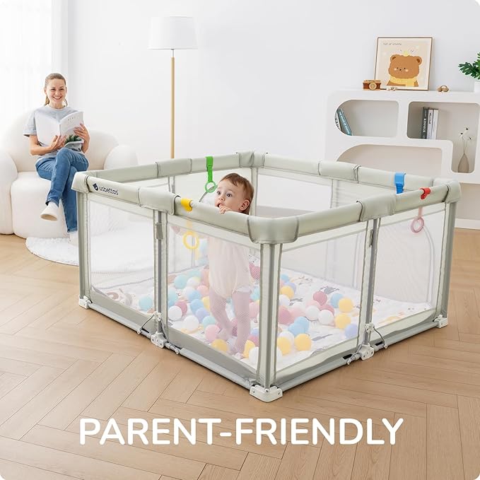 Foldable Baby Playpen,Portable Playpen for Babies and Toddler,50 * 50 Inch Kids Travel Play Pen with 4 Handlers,Carry Bag,Baby Play Yard for Indoor&Outdoor,Beige