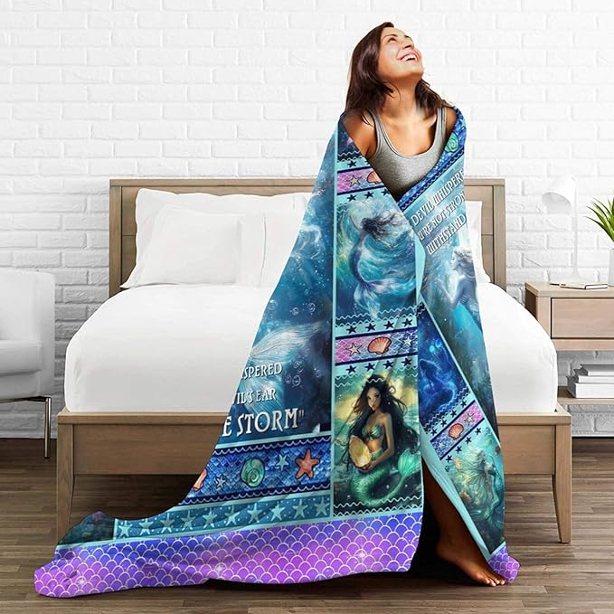 Mermaid Blanket for Girls Blue Ocean Throw Blankets Soft Cozy Warm Fuzzy Fleece Marine Life Shells Bedding Flannel Throws Stuffed Animal Gifts for Mermaid Lovers Kids Men Women Bedroom Decor 80"x60"