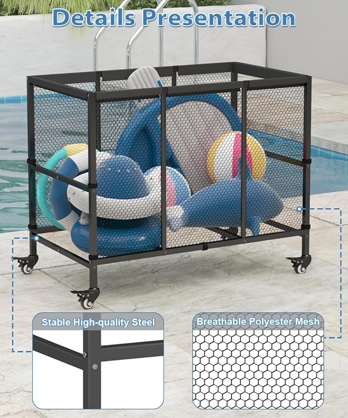 150 Gallon Swimming Pool Storage Bin, Outdoor Rolling Pool Toy Organizer Cart for Swimming Acessories, Pool Noodles Holder for Floaties, Life Vests, Beach Essentials, Patio Furniture, Black