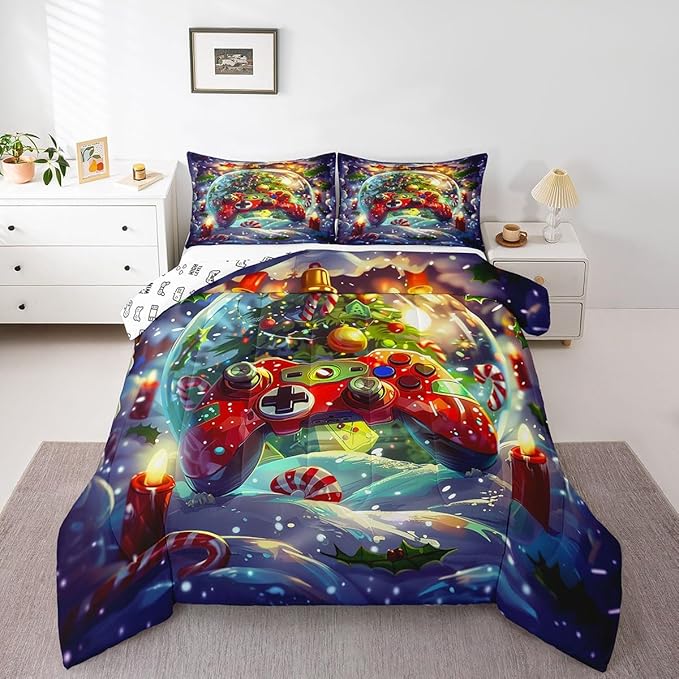 Video Games Kids Bedding Set Full Size,Christmas Tree Snowflake Comforter Set for Boys Girls Room Decor,Merry Christmas Gamer Duvet Insert 3Pcs,Xmas Red Gamepad Microfiber Quilt Set,2 Pillowcases