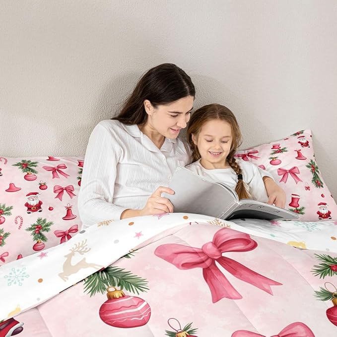 Feelyou Santa Claus Bedding Set Soft for Boys Girls, Pink Bow Comforter Set Full Size Christmas Ornament Duvet Quilt Microfiber Candy Cane Bedroom Decor Holly Berry 3 Pcs with 2 Pillow Cases