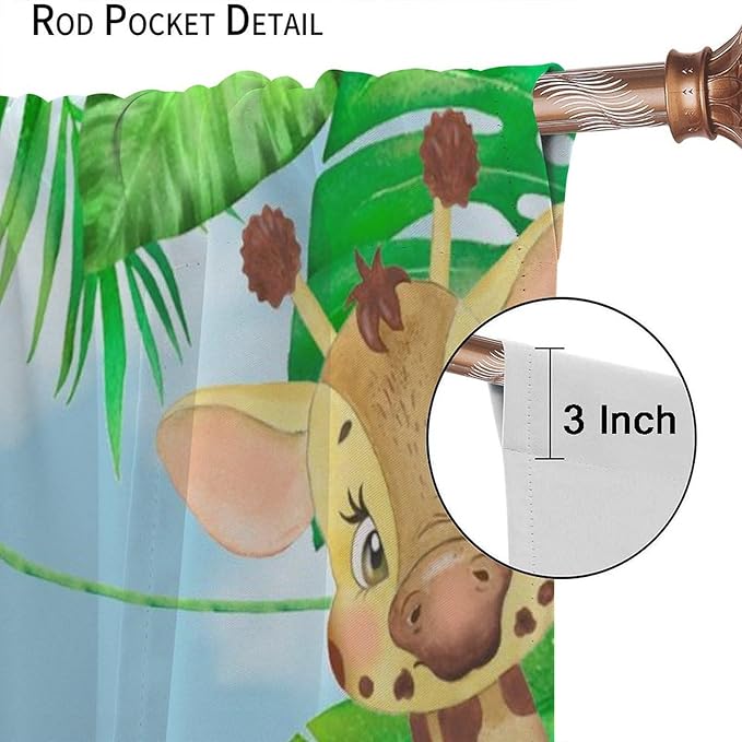 Kids Animals Blackout Curtains Watercolor Cartoon Cute Animals Green Jungle Art Printed for Children Girls Boys Bedroom Nursery Rod Pocket Decoration Window Drapes 2 Panels W21xL63in