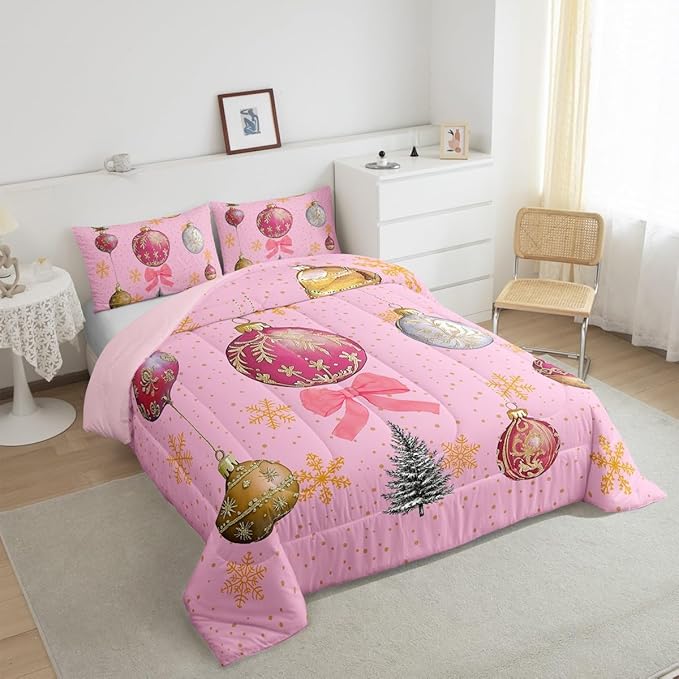 Erosebridal Merry Christmas Full Bedding Sets Xmas Tree Comforter Sets Kids Snowflake Happy New Year Down Comforter for Boys Girls Pink Bownot Decor Bed Set