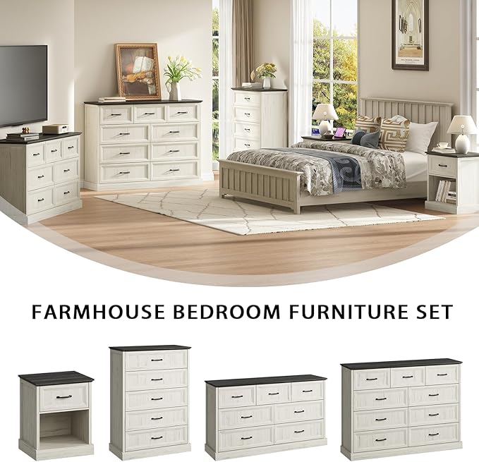 CARPETNAL Farmhouse Dresser and Nightstand Sets for Bedroom, 3 Pcs Bedroom Set, 6 Drawer Dresser & Nightstand Set of 2, Modern Wood Chest of Drawers for Bedroom, Living Room, Entryway, White