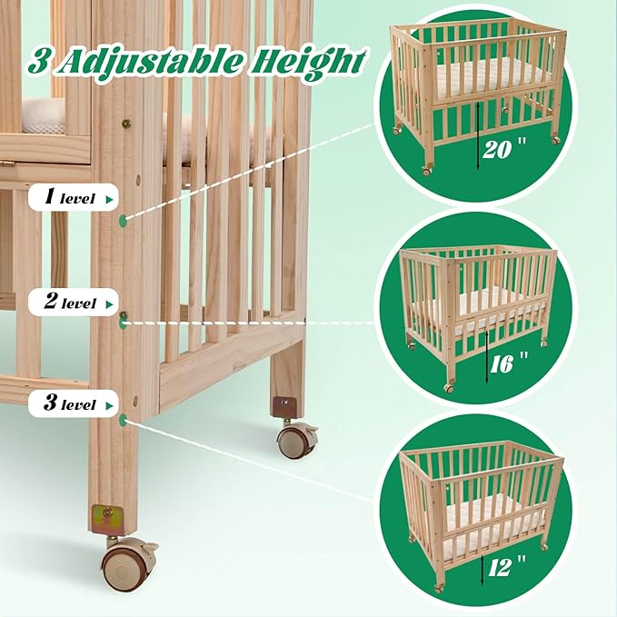 Foldable Mini Baby Crib - Portable 4-in-1 Convertible Baby Cribs,Pine Wood Bedside Bassinet,3 Heights Bassinet Bedside Sleeper with A Sponge Mattress,Wheeled,Unpainted