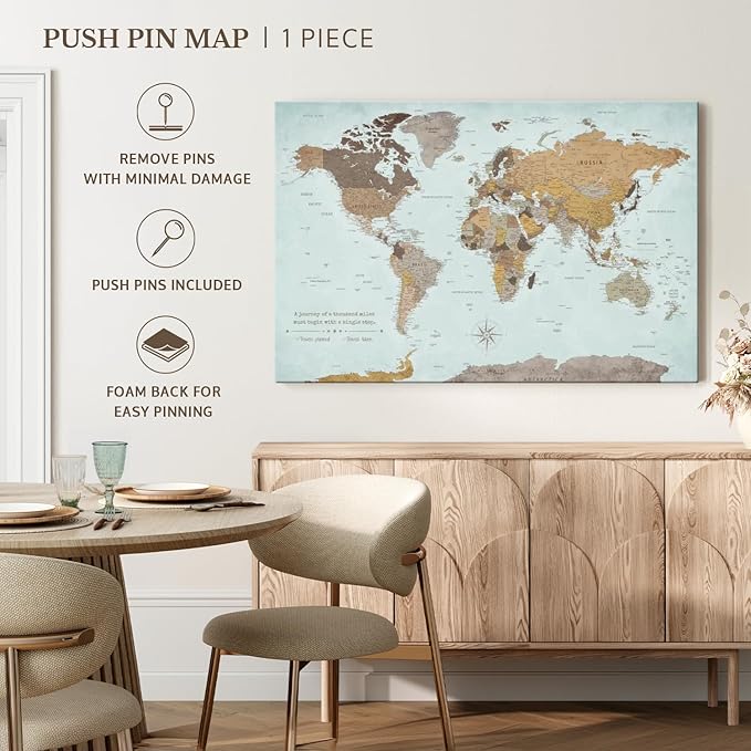 ElephantStock - A Thousand Miles World Push Pin Map Wall Art - Horizontal Canvas Wall Art - Living Room Wall Decor - Printmaking Map Canvas Art - Blue And Brown Decor - 24" x 16"