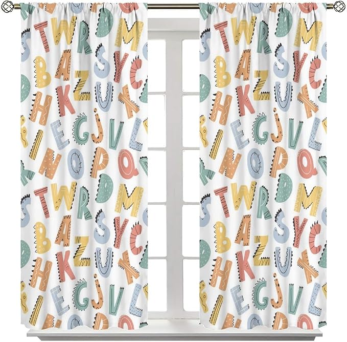 Kids Alphabet Letter Curtains Cute Funny Education Printed Curtain with Rod Pocket for Bedroom Living Room Home Decor Drapes Window Treatments 2 Panels Set 42" W X 45" L