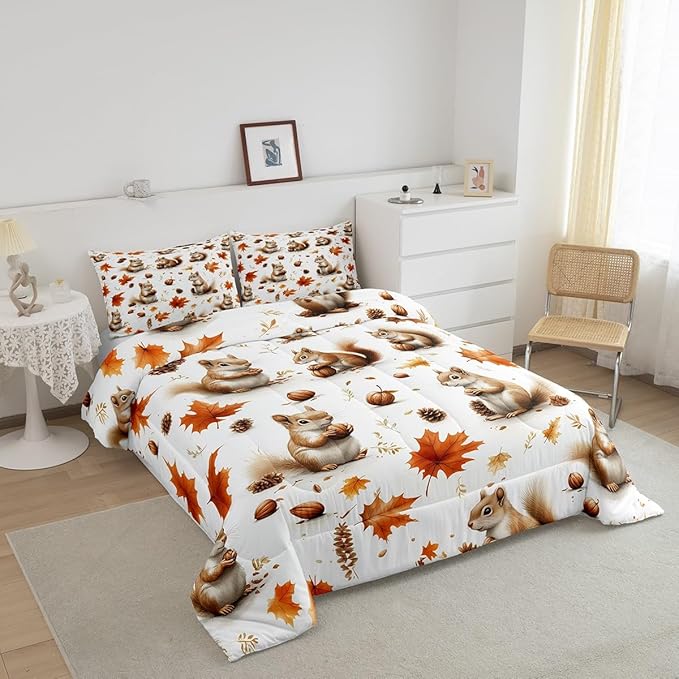 Feelyou Boys Girls Fall Autumn Duvet Cover King Size, Cute Squirrel Comforter Set Cartoon Animal Comforter Cover Kids Maple Leaf Teens Bedspread Cover Bedroom Decor Bed Set 3Pcs