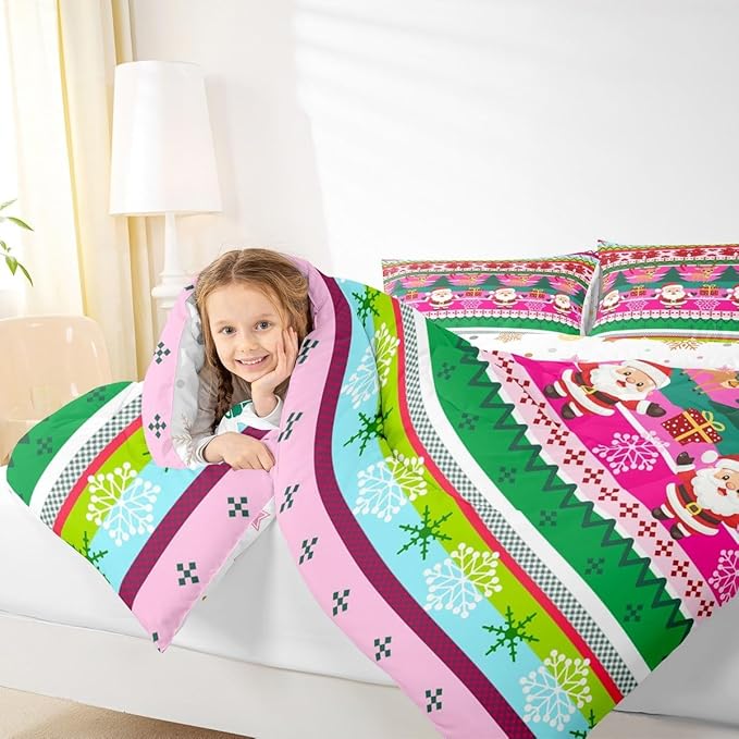 Feelyou Merry Christmas Comforter Set All Season Santa Claus Bedding Set with 1 Pillow Cases Cute Deer Microfiber Kids Twin Bedclothes Snowflake Bedroom Decor Duvet Quilt Breathable Soft