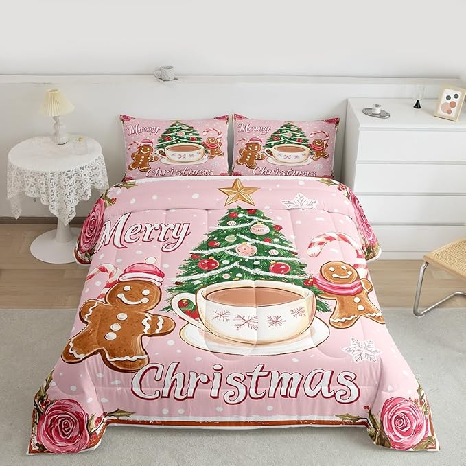 Feelyou Merry Christmas Comforter Set King Size Gingerbread Man Bedding Set for Kids Boys Girls Xmas Duvet Quilt Christmas Decor Bedroom Decor Microfiber 3 Pcs with 2 Pillow Cases