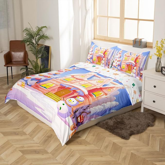 Feelyou Xmas Christmas Comforter Cover Set Christmas House Duvet Cover for Kids Boys Girls Bedroom Bed Decor Christmas Bedding Set Queen Size Soft Bedspread Cover,No Comforter