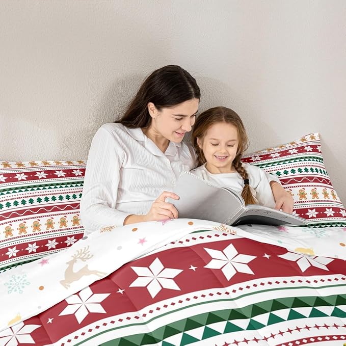 Feelyou Merry Christmas Bedding Set Soft for Boys Girls, Gingerbread Man Comforter Set King Size Duvet Quilt Microfiber Striped Bedroom Decor 3 Pcs with 2 Pillow Cases