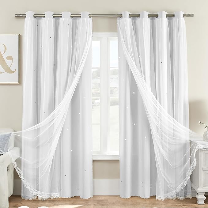 XiDi White Curtains for Girls Nursery Room 90 Inches Long Blackout Double Layer Curtains with Sheer Overlay for Kids Toddler Princess Bedroom Living Room Darkening Grommet Window Drapes W34 X L90