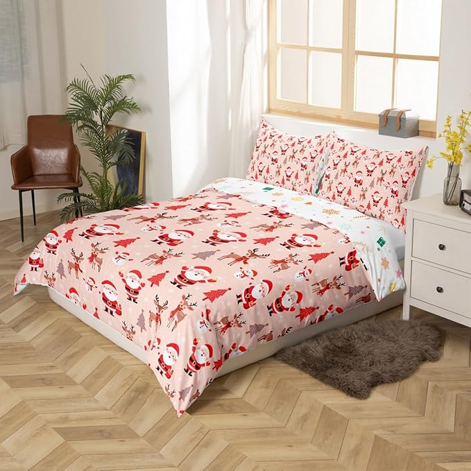 Christmas Kids Bedding Set Santa Claus Bedding Duvet Cover Set for Boys Girls Christmas Tree Deer Decor Comforter Cover Set Snowflake Xmas Theme Bedspread Cover Bedroom Quilt Cover 3Pcs King Size