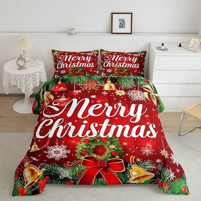 Christmas Wreath Comforter Set Twin Size,Red Bowkont Gold Bell Bedding Set for Kids Boys Girls Room Decor,Snowflake Merry Christmas Quilt Set 2Pcs,Green Leaves Xmas Theme Duvet Insert,1 Pillowcase