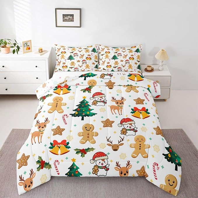 Feelyou Merry Christmas Comforter Set All Season Gingerbread Man Bedding Set with 2 Pillow Cases Cute Deer Microfiber Kids Queen Bedclothes Christmas Tree Duvet Quilt Breathable Soft Lightweight