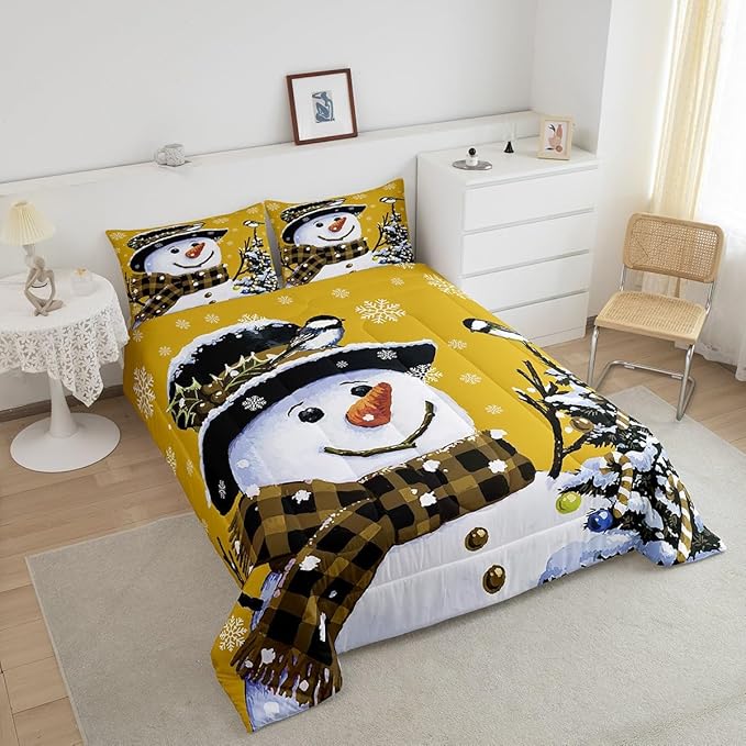Feelyou Kids Christmas Theme Decorations Bedding Set Xmas Snowman Comforter Set for Boys Girls Snowflake Kawaii Cute Comforter Bright Yellow Quilt Set Bedroom Collection Toddler Size