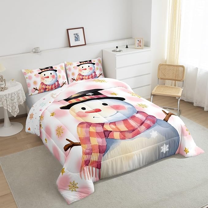 Feelyou Kids Merry Christmas Decorations Twin Size Comforter Set Xmas Snowman Bedding Set Pink Quilt Set Soft Warm Lightweight Duvet Set