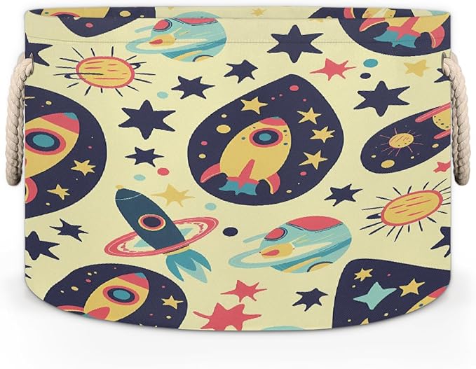 Colorful Space Pattern Round Storage Basket for Laundry & Toys, Lightweight Fabric Laundry Hamper with Handles, Foldable Large Organizer Bin for Bedroom Bathroom Nursery Dorm