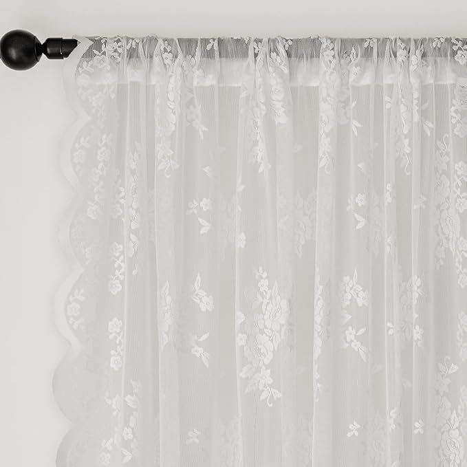 Anmao Vintage Lace Kitchen Curtains 24 Inches Long 2 Panels, Romantic Semi Sheer Floral Over Sink Lacy Cafe Curtain, Elegant Window Short Small Drapes, 55W x 24L, White Rose