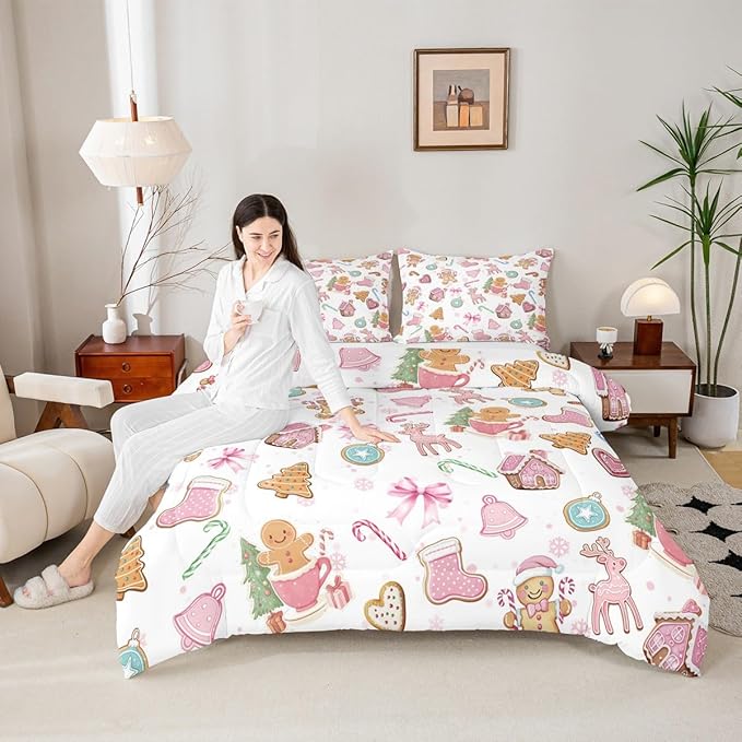 Cute Bow Tie Kids Comforter Set Queen Size,Pine Tree Merry Christmas Elk Deer Bedding Set,Room Decor,Bowknot Gingerbread Man Snowflake Quilt,Pink Colorful Duvet Set Bedroom Quilt Set,2 Pillowcases