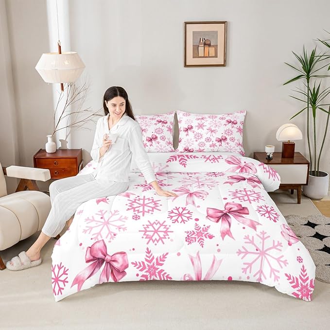Cute Bow Tie Comforter Set King Size,Girly Bowknot Snowflake Dots Kids Bedding Set,Merry Christmas Winter Princess Quilt Comforter,Pink White Duvet Insert,2 Pillowcases